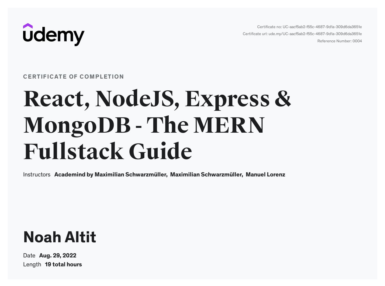 React, NodeJS, Express & MongoDB - The MERN Fullstack Guide certificate