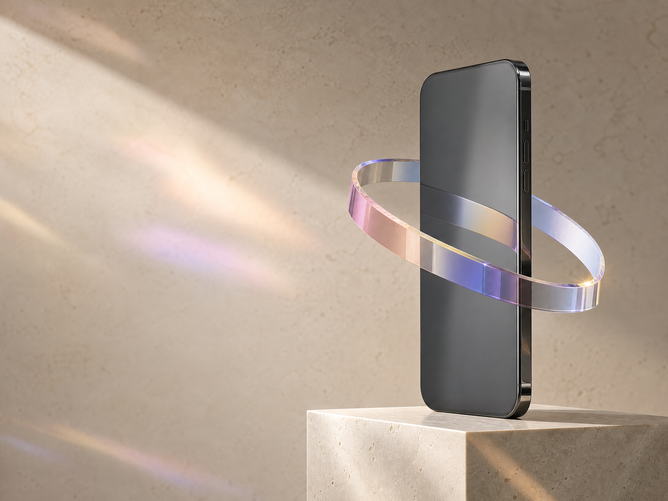 Executive AI assistant on a stone pedestal, circled by an iridescent ring of light